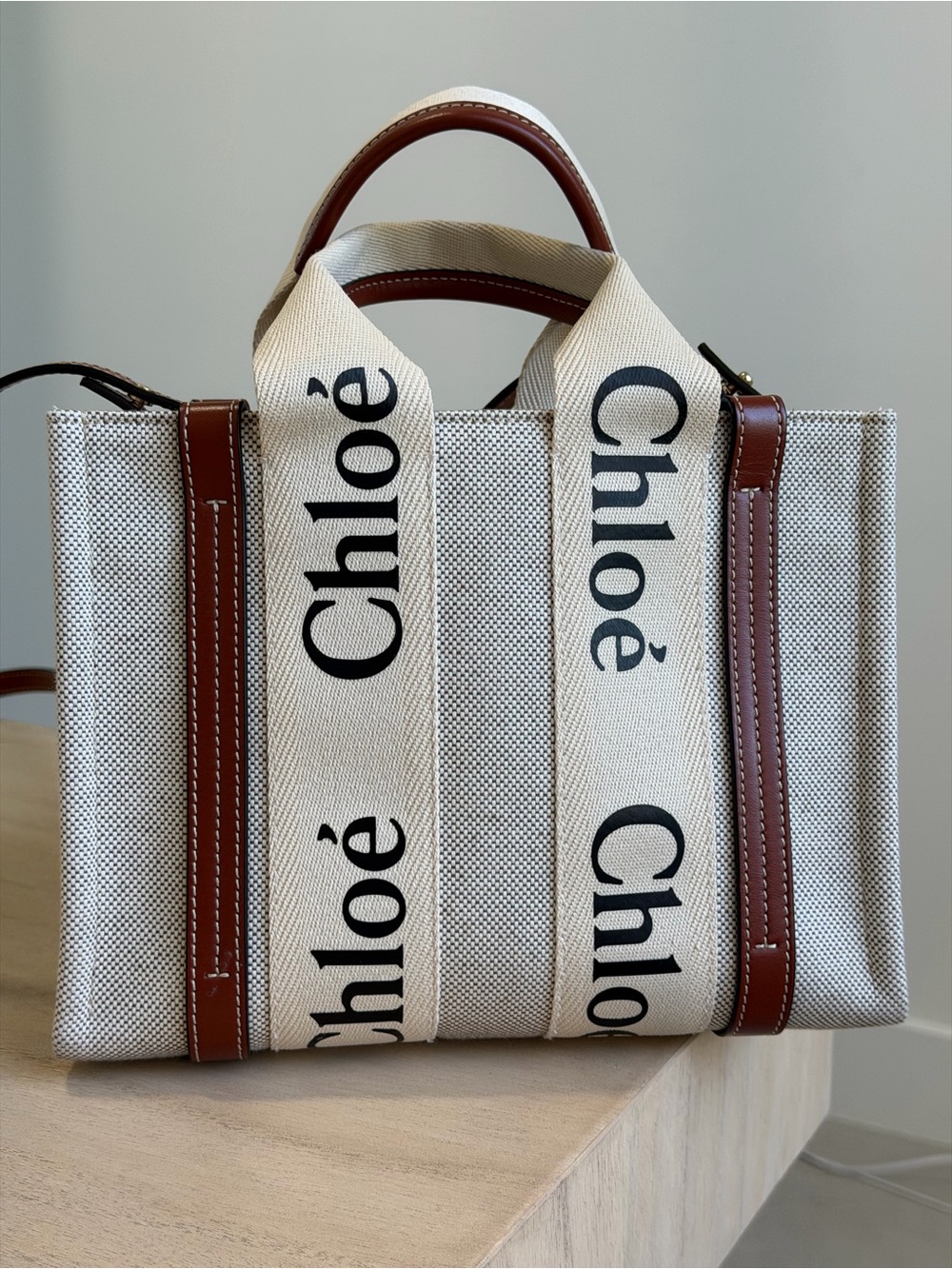 Chloé Woody Tote Canvas with Leather Small
